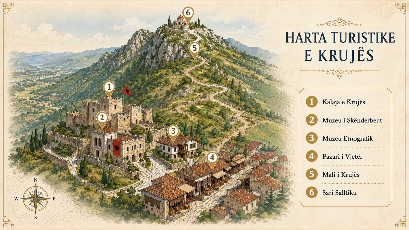 Harta turistike e Krujës me atraksionet kryesore